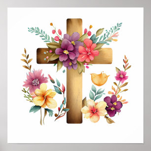 Poster Croix chrétienne & Fleurs aquarelles
