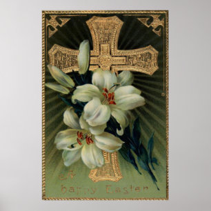 Poster Croix d'or chrétienne Pâques Lily