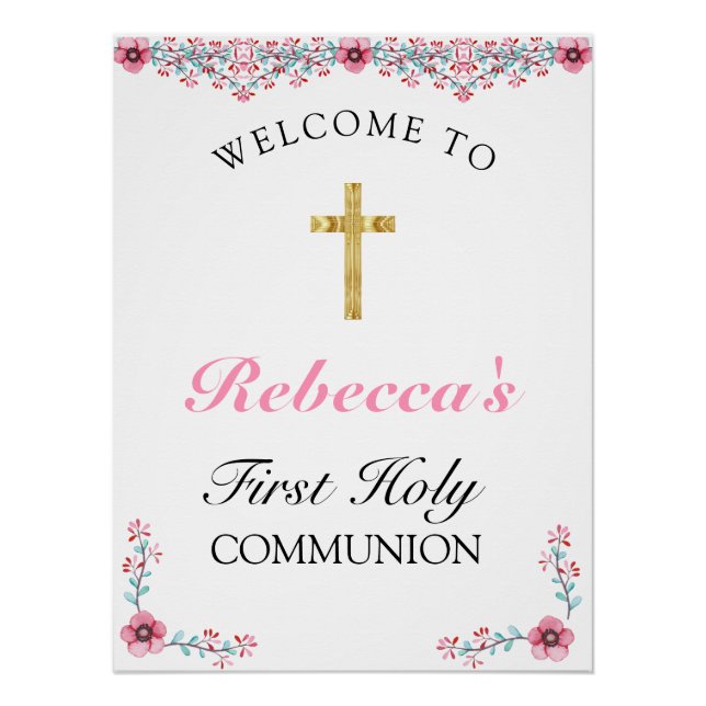 Poster Croix d'or rose Floral Première communion Bienvenu (Devant)