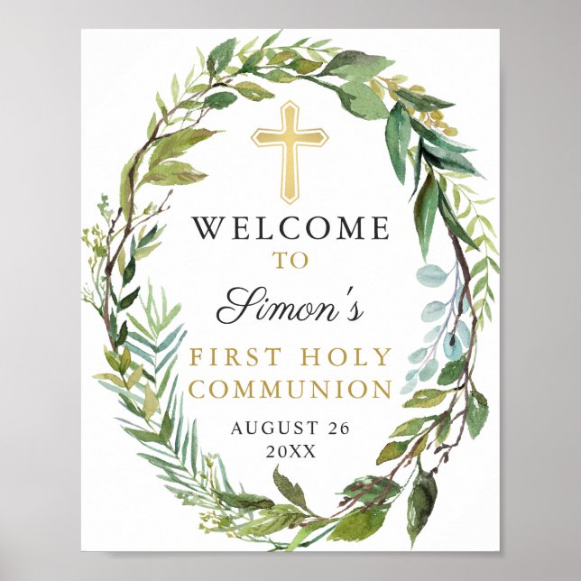 Poster Croix d'or Verdure Wreath Première Communion saint (Devant)