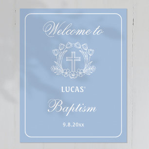 Poster Croix florale simple sur Baptême bleu clair Accuei