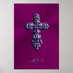Poster Croix gothique à l'apparence bossée en violet avec