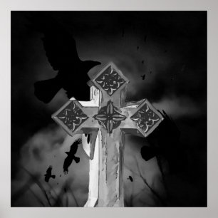 Poster Croix gothique Lune GraveYard avec Corbeaux