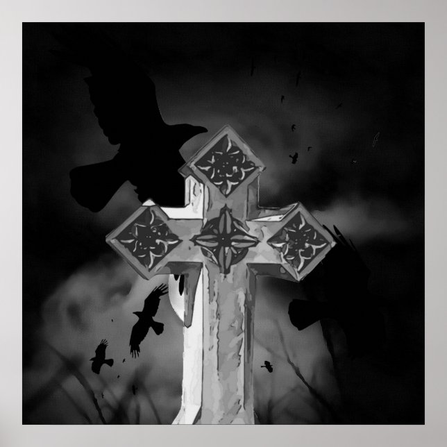 Poster Croix gothique Lune GraveYard avec Corbeaux (Devant)