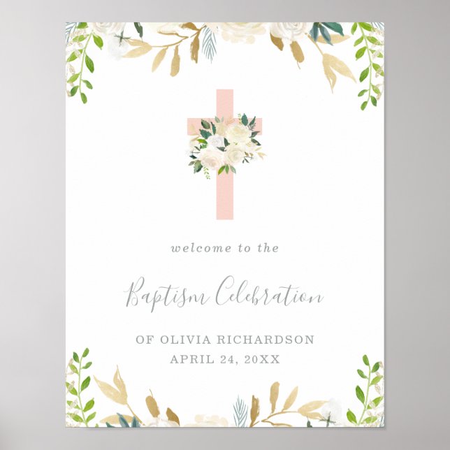 Poster Croix rose et fleurs blanches | Bienvenue au baptê (Devant)