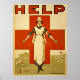 Poster Croix-Rouge Aide aux infirmières Annonce Guerre mo