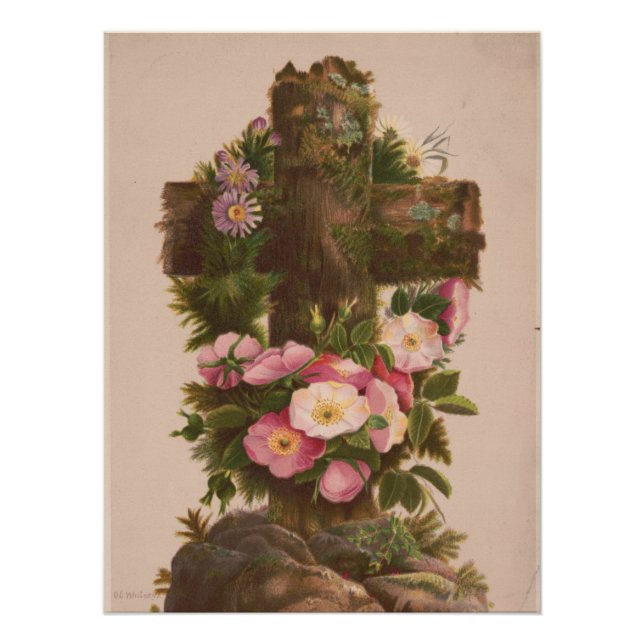 Poster Croix rustique antique, roses sauvages, carte de P (Devant)
