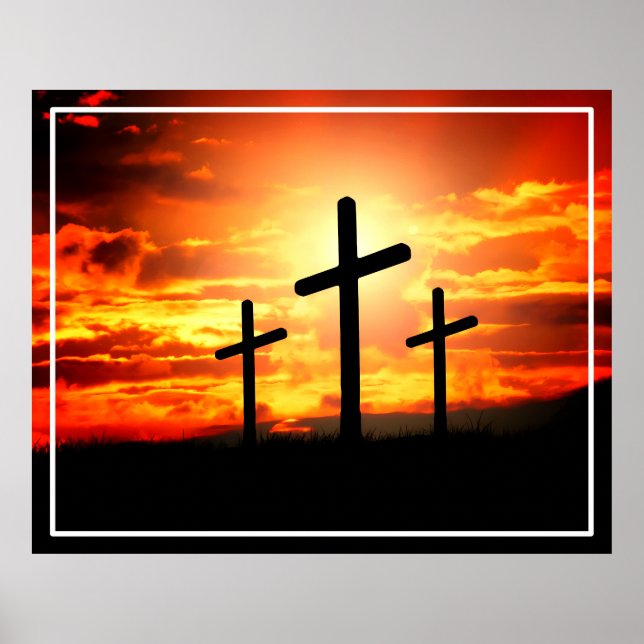 Poster Croix, Silhouettes Coucher du Soleil Peinture (Devant)