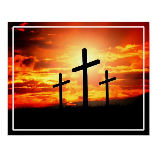 Poster Croix, Silhouettes Coucher du Soleil Peinture (Devant)