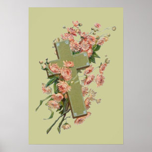 Poster Croix verte avec les fleurs roses