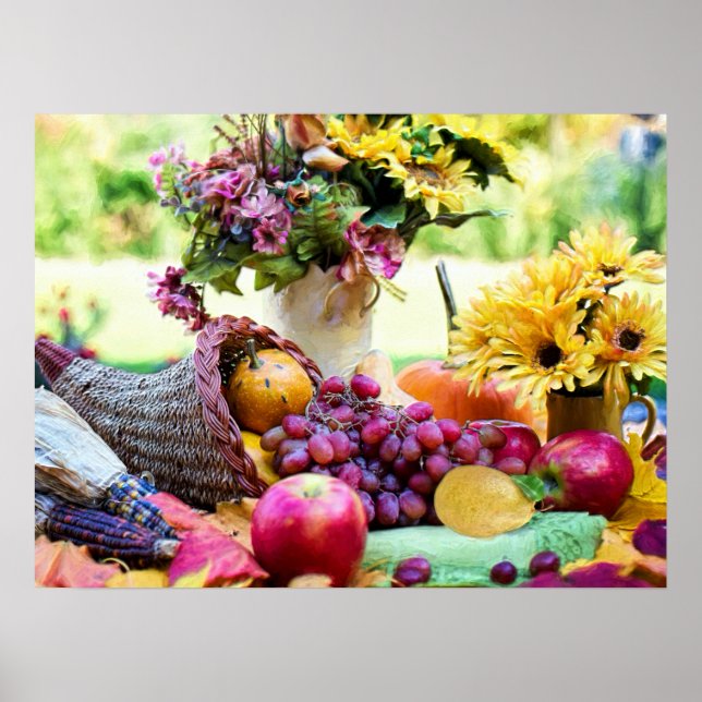 Poster Cronucopie d'action de grâce avec Fruits et Fleurs (Devant)