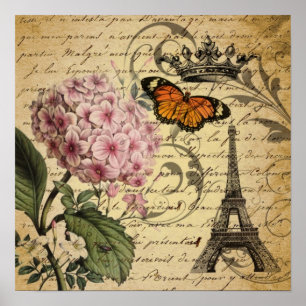 Poster cropt hydrangea bird french botanical