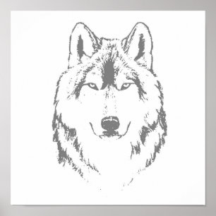 Poster Croquis De La Tête De Tête De Loup Noir Et Blanc F
