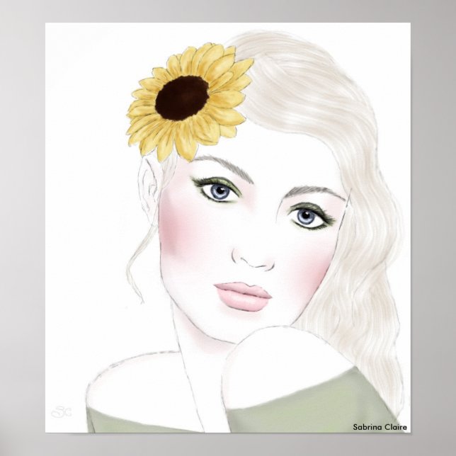 Poster Croquis de mode - Fleurs de soleil dans ses cheveu (Devant)