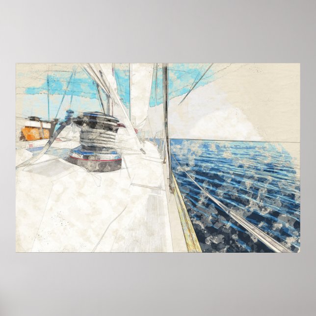 Poster Croquis de voilier surfant par la mer (Devant)