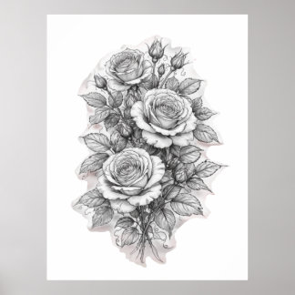 Poster Croquis délicat de bouquet de roses romantiques