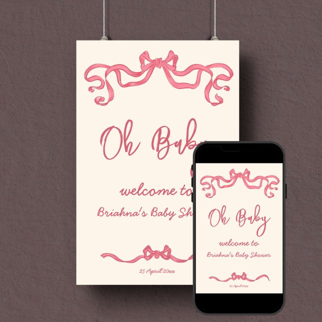 Poster Croquis en ruban rose baby shower signe de bienven (Pink ribbon bow sketch baby shower welcome sign poster template digital download personalized decor)