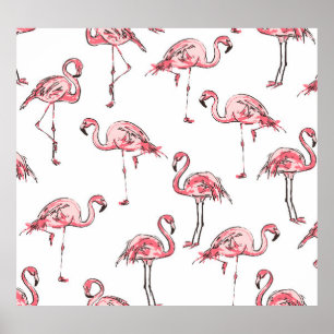 Poster Croquis Flamant rose : Motif Vintage tropical.