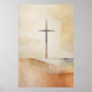 Poster Cross On The Hill At Dusk Minimalist Watercolor