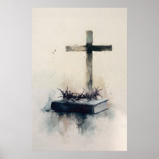 Poster Cross With Crown Of Thorns Watercolor Christian