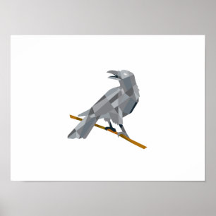 Poster Crow Perching Looking Back Low Polygon