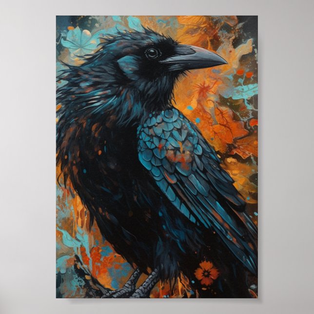 Poster Crow sur Arrière - plan bleu et orange (Devant)