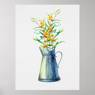Poster Cruche jaune bleue botanique d'aquarelle