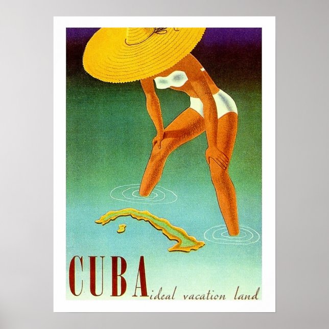 Poster Cuba, Île, fille en bikini dans grand casquette ja (Devant)