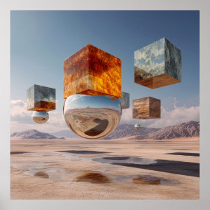 Poster Cubes flottants surréalistes et sphère réfléchissa