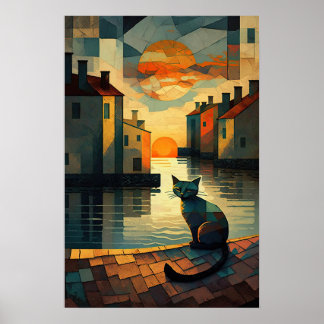 Poster Cubist Chat : Coucher de soleil sur les eaux vénit