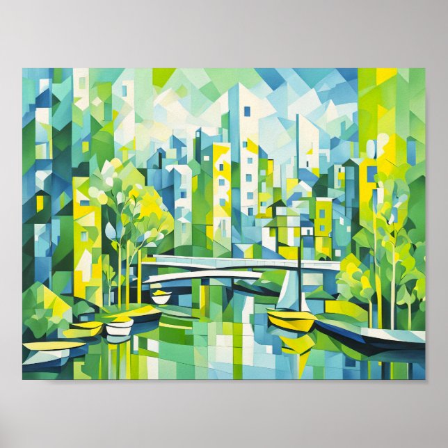 Poster Cubist Green City avec Pont (Devant)