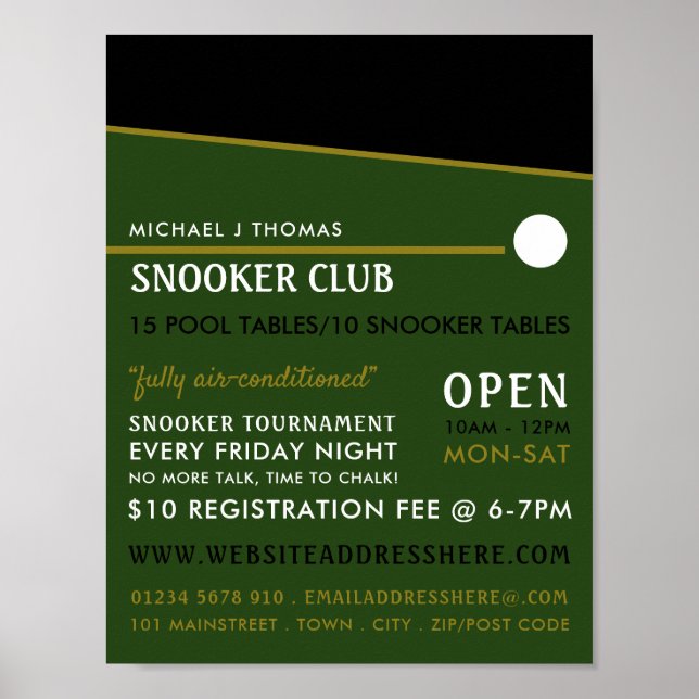 Poster Cue Ball, Pool Club, Snooker Club Publicité (Devant)