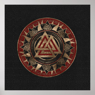 Poster Cuir de symbole de Valknut et or noirs et rouges