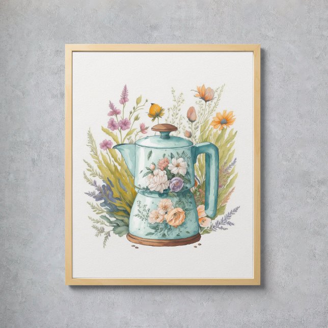 Poster Cuisine à café floral Aquarelle Boho botanique (Floral Coffee Kitchen Watercolor Botanical Boho Poster
)