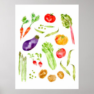 Poster Cuisine d'aquarelle aux légumes colorés amusants