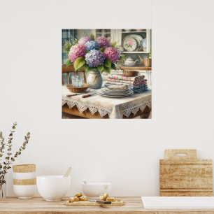 Poster Cuisine de Ferme avec Fleurs d'Hortensia