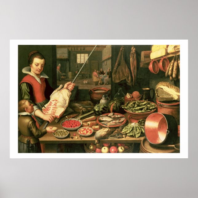 Poster Cuisine intérieure avec femme de ménage (Devant)