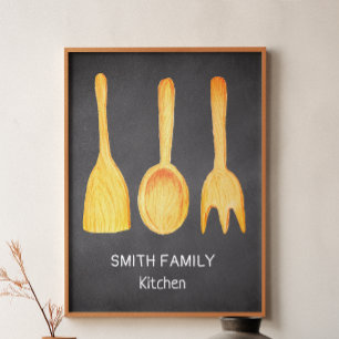 Poster Cuisine noir blanc Jaune Ustensiles Chalkboard