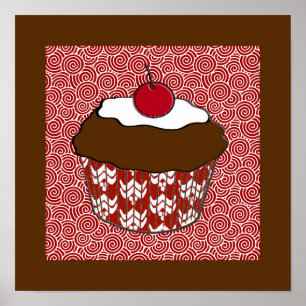 Poster Cupcake au Chocolat sur Motif Rouge et Blanc