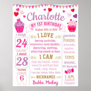 Poster Cupcake Hearts First Birthday board pour une fille