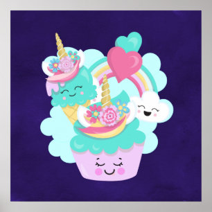 Poster Cupcake mignonne et crème glacée joyeuse