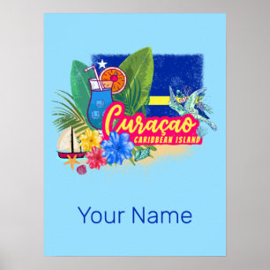 Poster Curacao retro caribbean island with turtle vintage