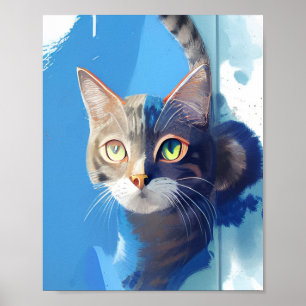 Poster Curieux chat art abstrait du bleu
