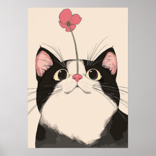 Poster Curieux chat avec une fleur