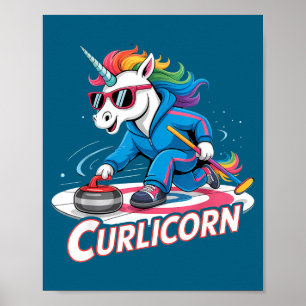 Poster Curling licorne joueur de curling sur glace sport