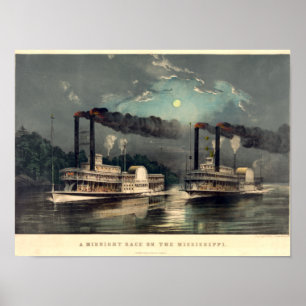 Poster Currier & Ives, 1890, Une course en bateau à vapeu