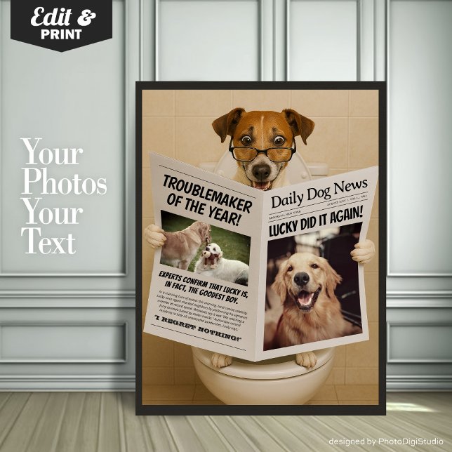 Poster Custom Bathroom Decor, Editable Dog with Newspaper (Custom Bathroom Decor, Editable Dog with Newspaper Poster)