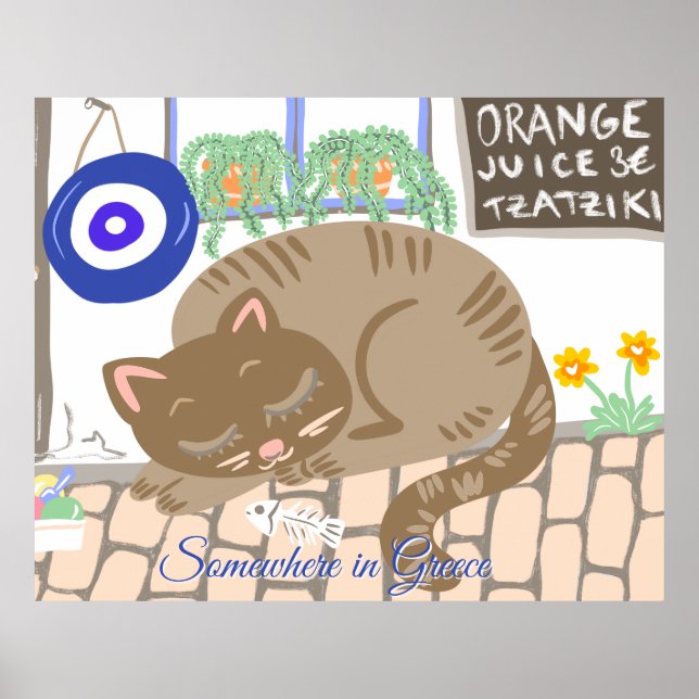 Poster Custom Greek Taverna Cat Mediterranean Scene (Devant)