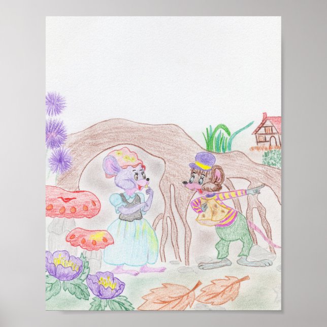 Poster Custom Kids Artwork, deux mignonnes souris, fleurs (Devant)