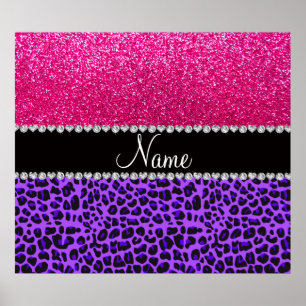 Poster Custom name purple leopard neon hot pink glitter